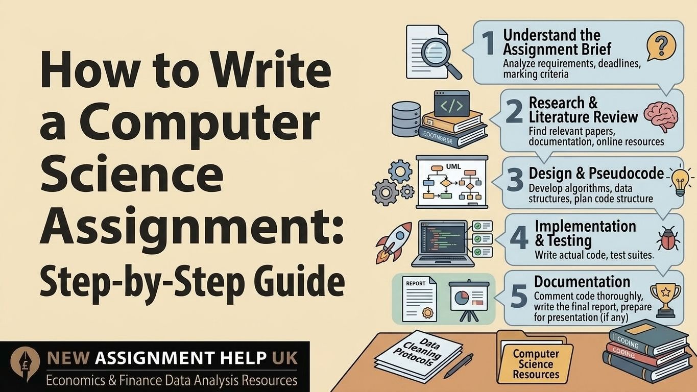 Workflow diagram showing the 9 steps to write a computer science assignment.